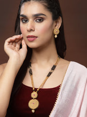 Gold-Plated Stone-Studded & Beaded Mangalsutra With Earrings