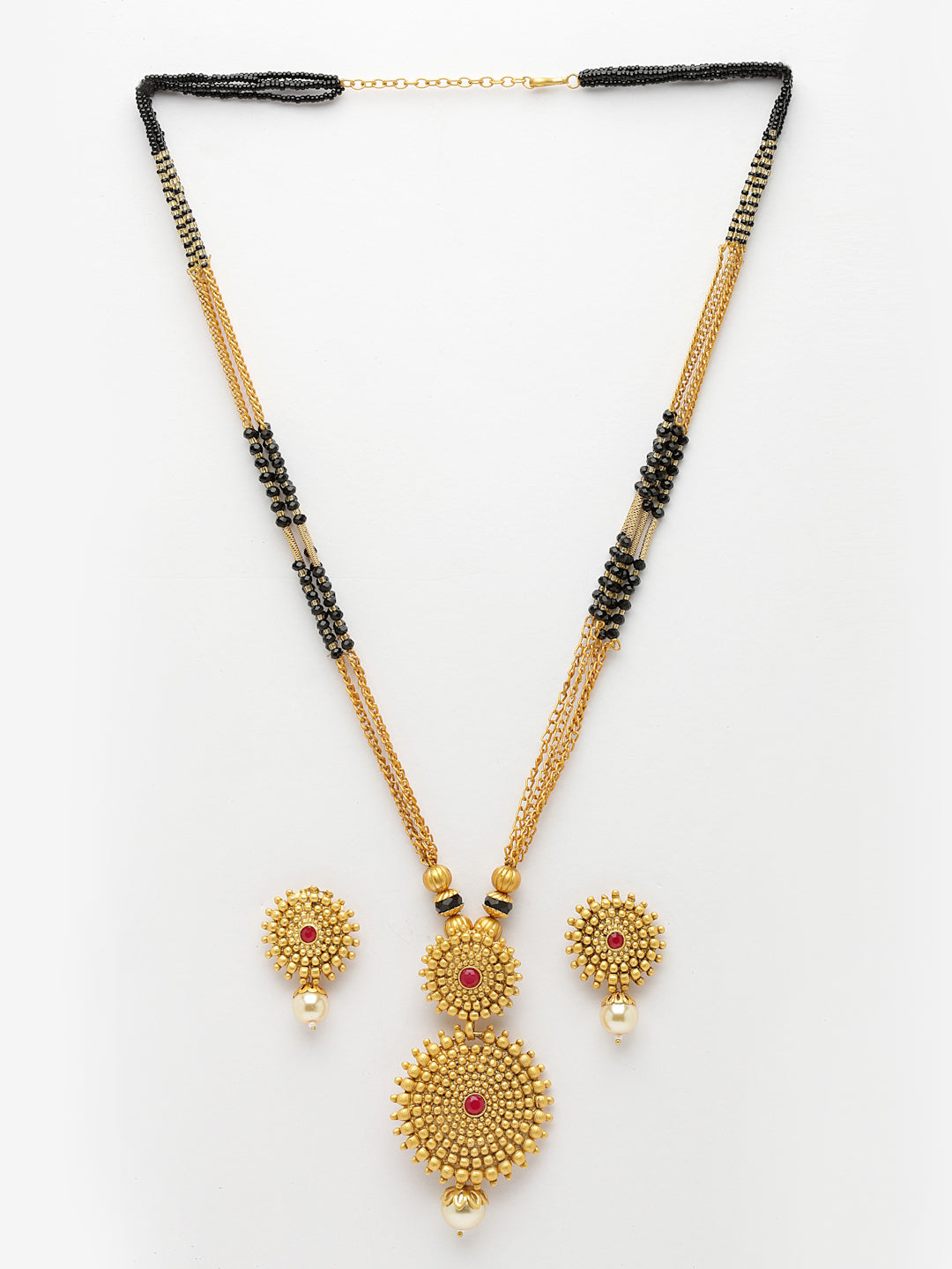 Gold-Plated Stone-Studded & Beaded Mangalsutra With Earrings