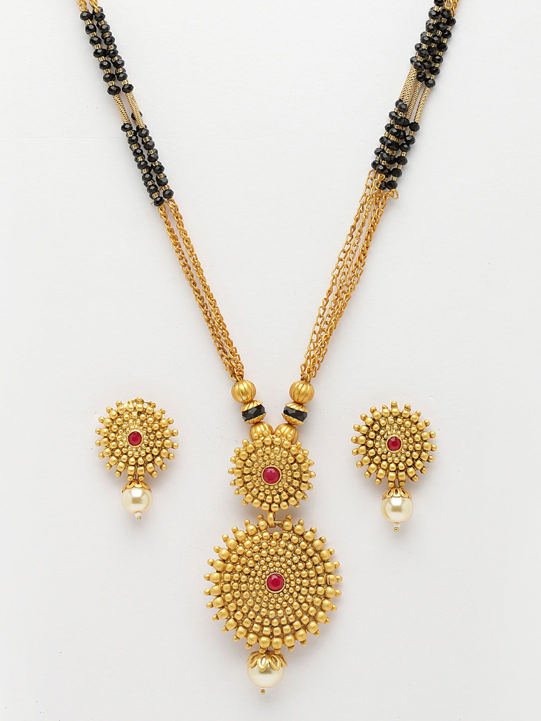 Gold-Plated Stone-Studded & Beaded Mangalsutra With Earrings