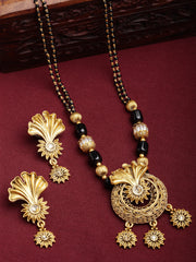 Gold-Plated & White Stone-Studded & Black Beaded Mangalsutra