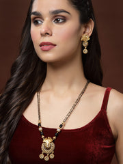 Gold-Plated & White Stone-Studded & Black Beaded Mangalsutra