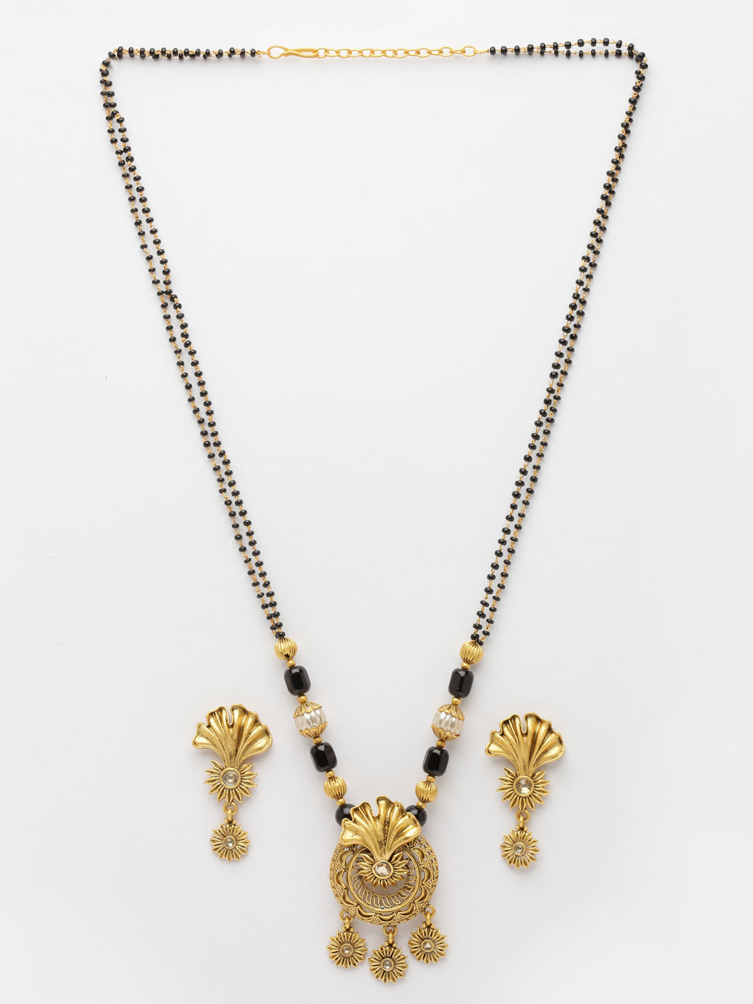 Gold-Plated & White Stone-Studded & Black Beaded Mangalsutra