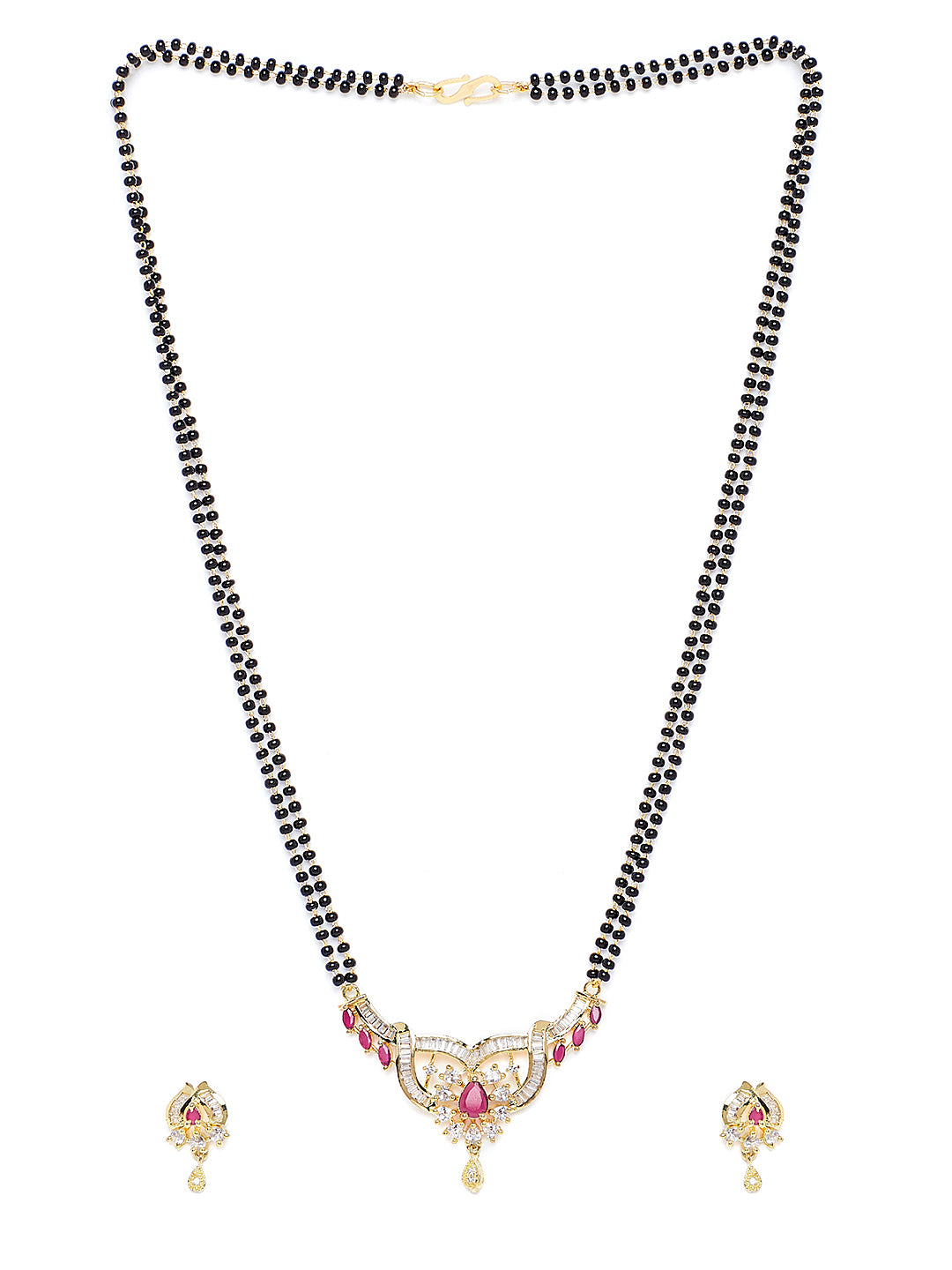 Gold-Plated & Pink CZ Stone-Studded Mangalsutra With Earrings