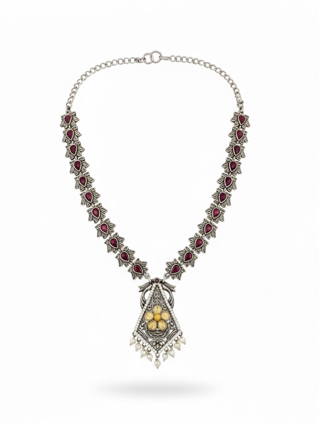 Silver-Plated Kundan Studded & Artificial Beaded Oxidised Necklace With Earrings