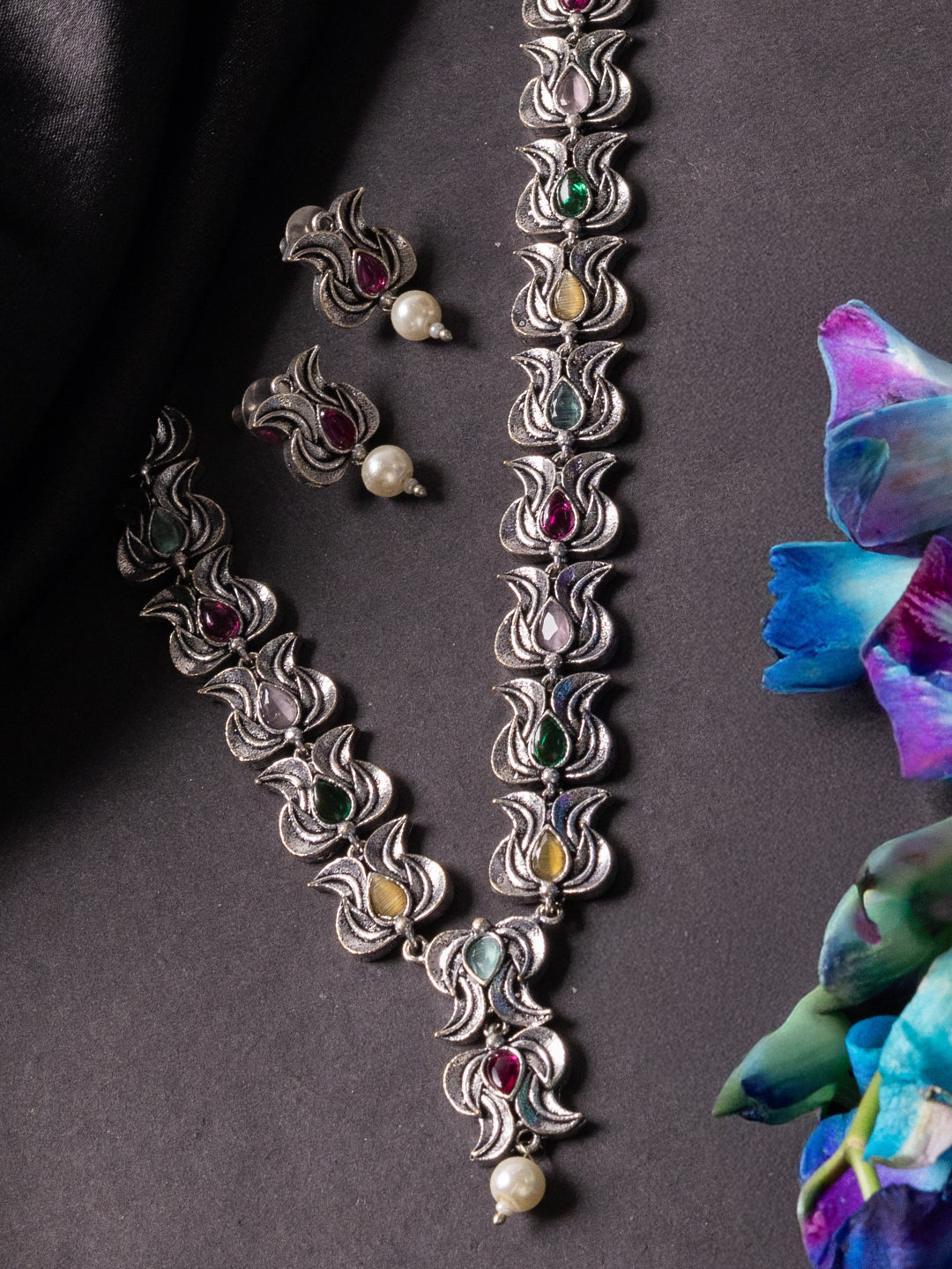 Stone-Studded & Beaded Oxidised Jewellery Set