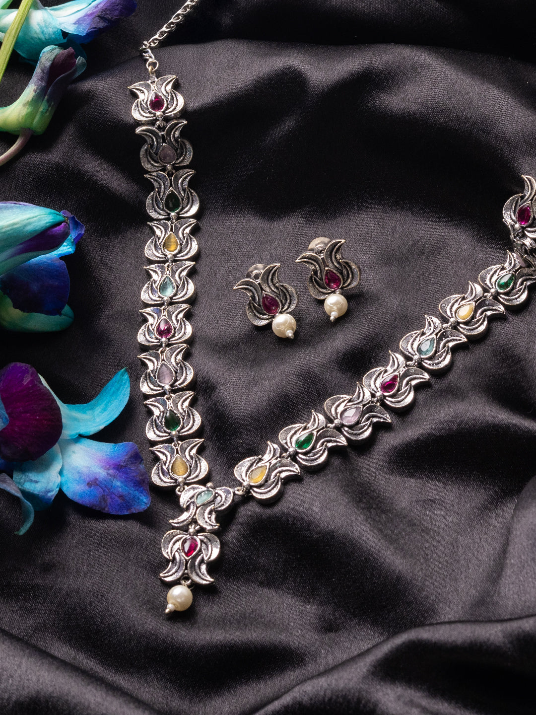 Stone-Studded & Beaded Oxidised Jewellery Set