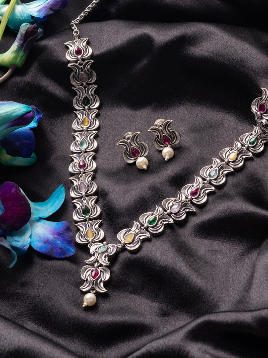 Stone-Studded & Beaded Oxidised Jewellery Set