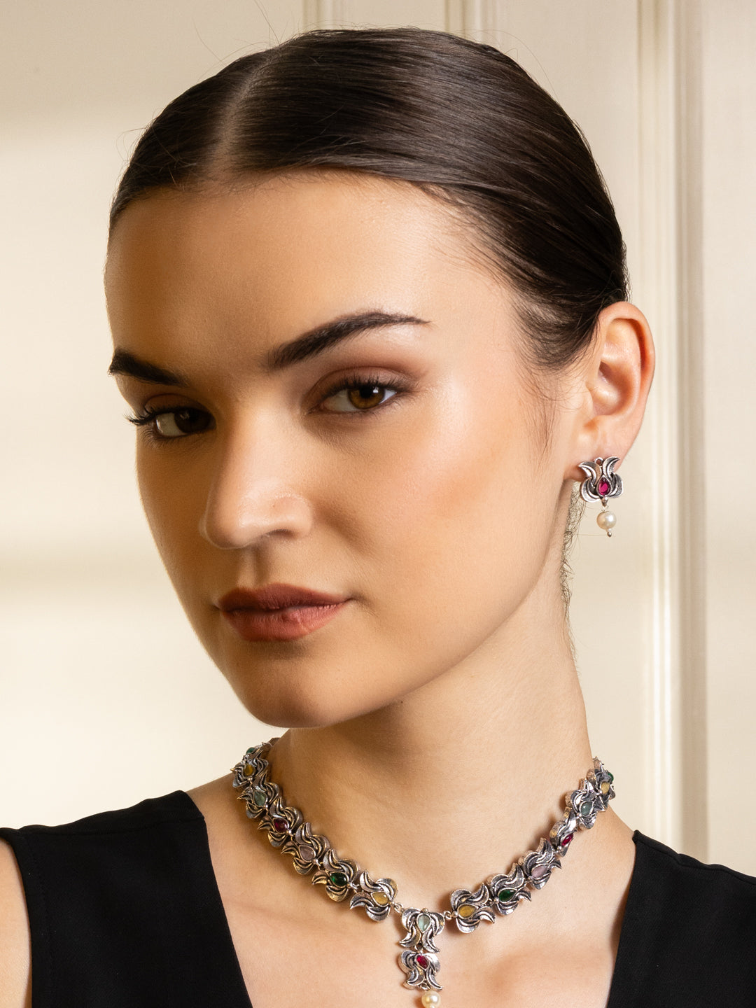 Stone-Studded & Beaded Oxidised Jewellery Set