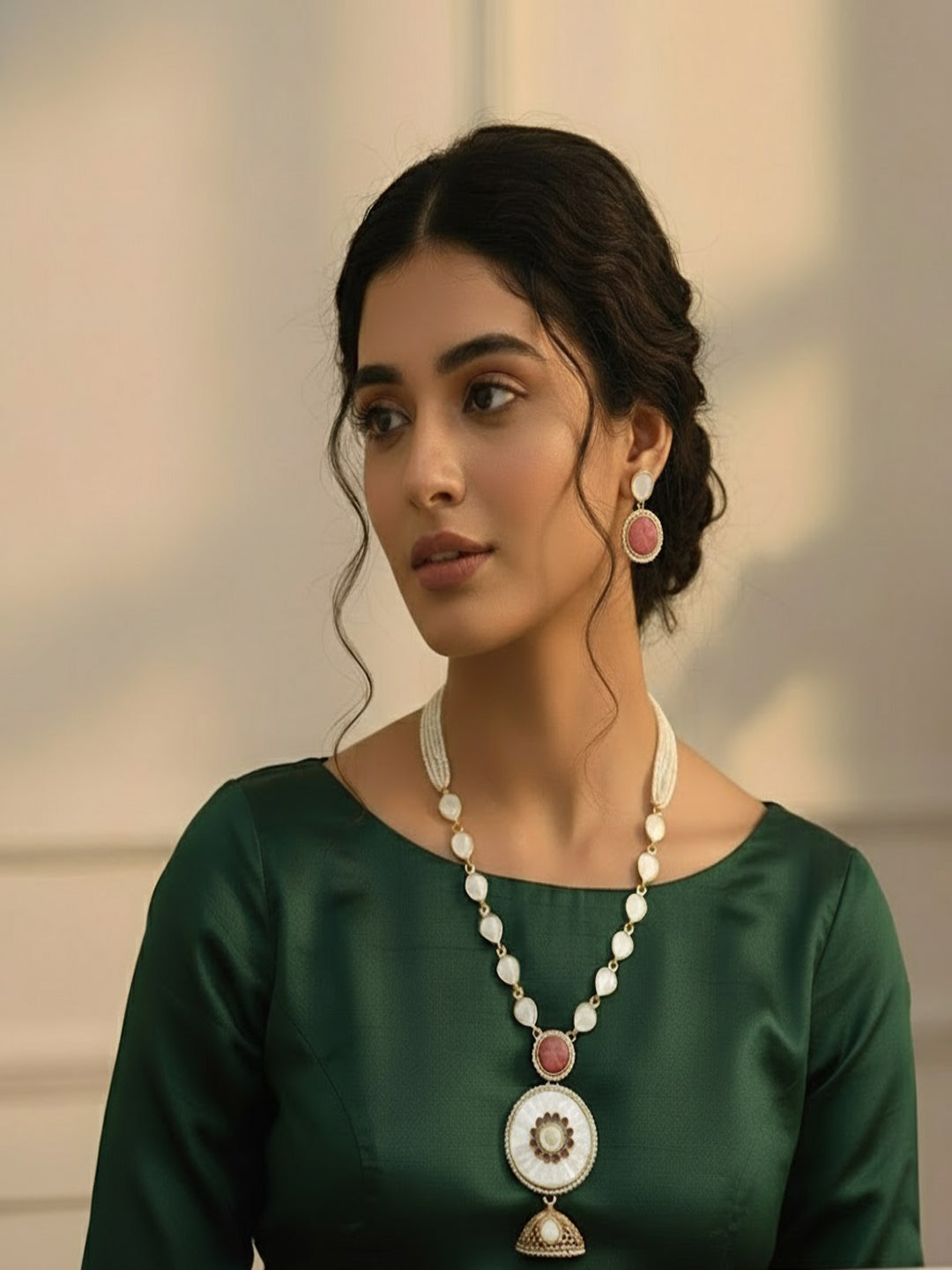 Gold-Plated American Diamond Studded & Artificial Beaded Necklace With Earrings