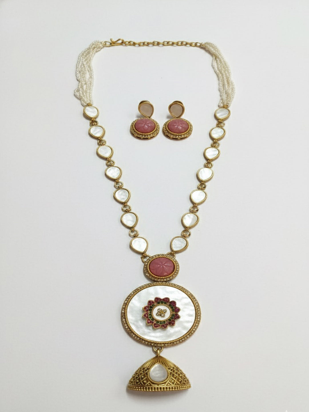 Gold-Plated American Diamond Studded & Artificial Beaded Necklace With Earrings