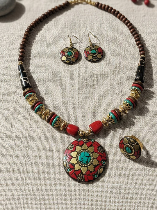 Gold-Plated Artificial Stones Studded And Beaded Necklace & Earrings With Toe Rings