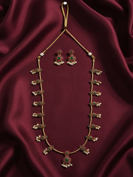 Gold-Plated Kundan Studded & Artificial Beaded Necklace With Earrings