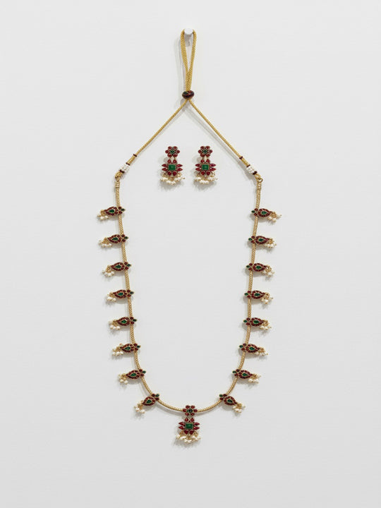 Gold-Plated Kundan Studded & Artificial Beaded Necklace With Earrings