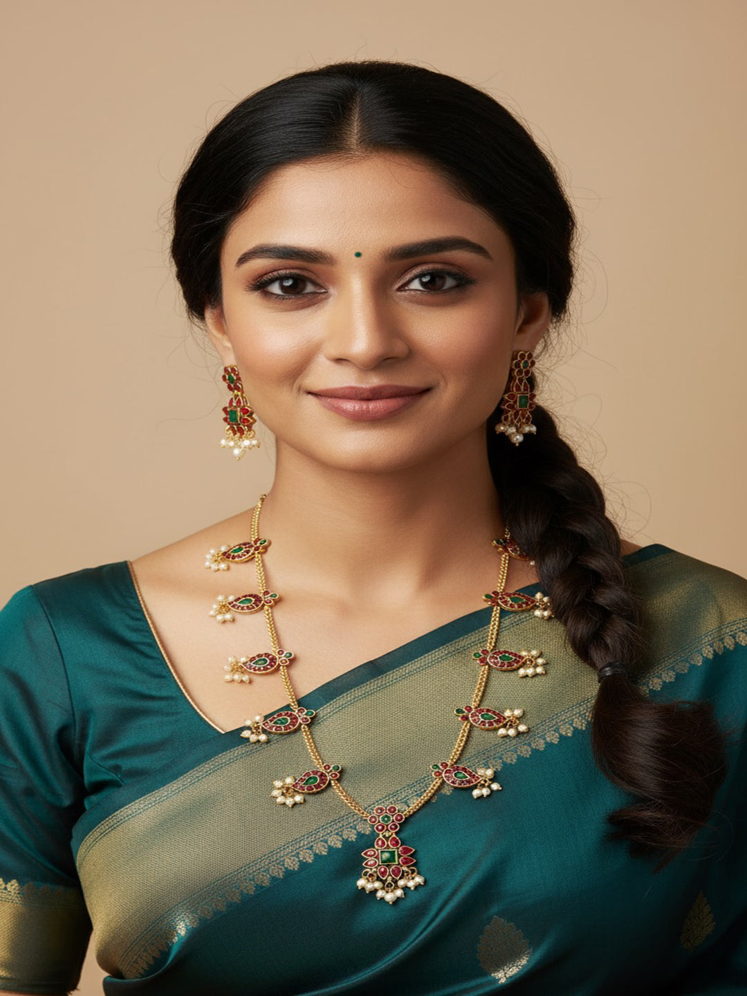 Gold-Plated Kundan Studded & Artificial Beaded Necklace With Earrings