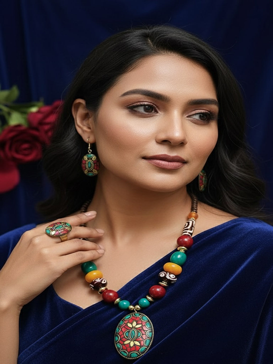 Gold-Plated Artificial Stones Studded And Beaded Necklace With Earrings