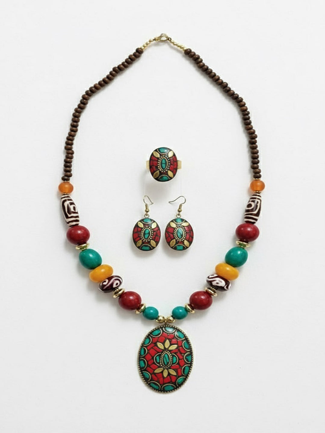 Gold-Plated Artificial Stones Studded And Beaded Necklace With Earrings