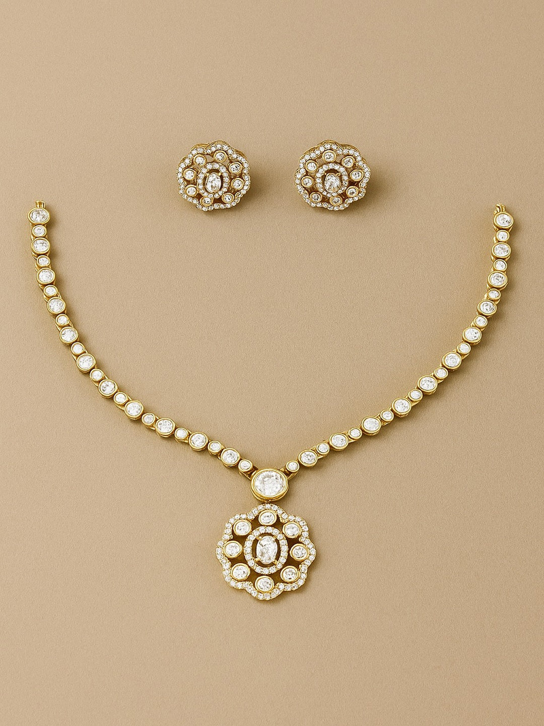 Silver-Plated American Diamond And Studded Necklace And Earrings
