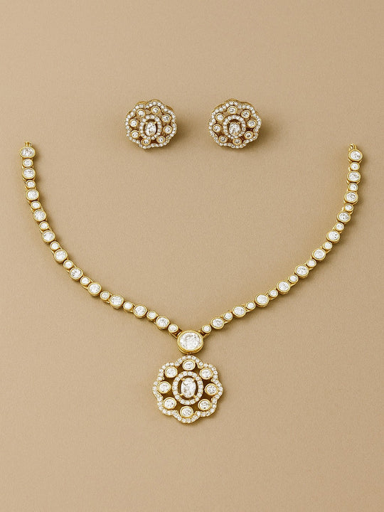 Silver-Plated American Diamond And Studded Necklace And Earrings