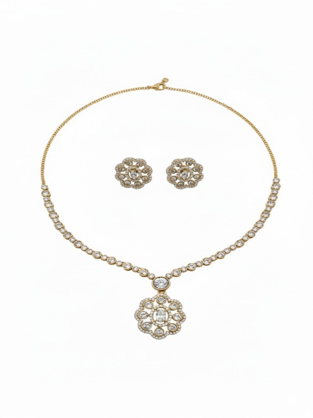 Silver-Plated American Diamond And Studded Necklace And Earrings