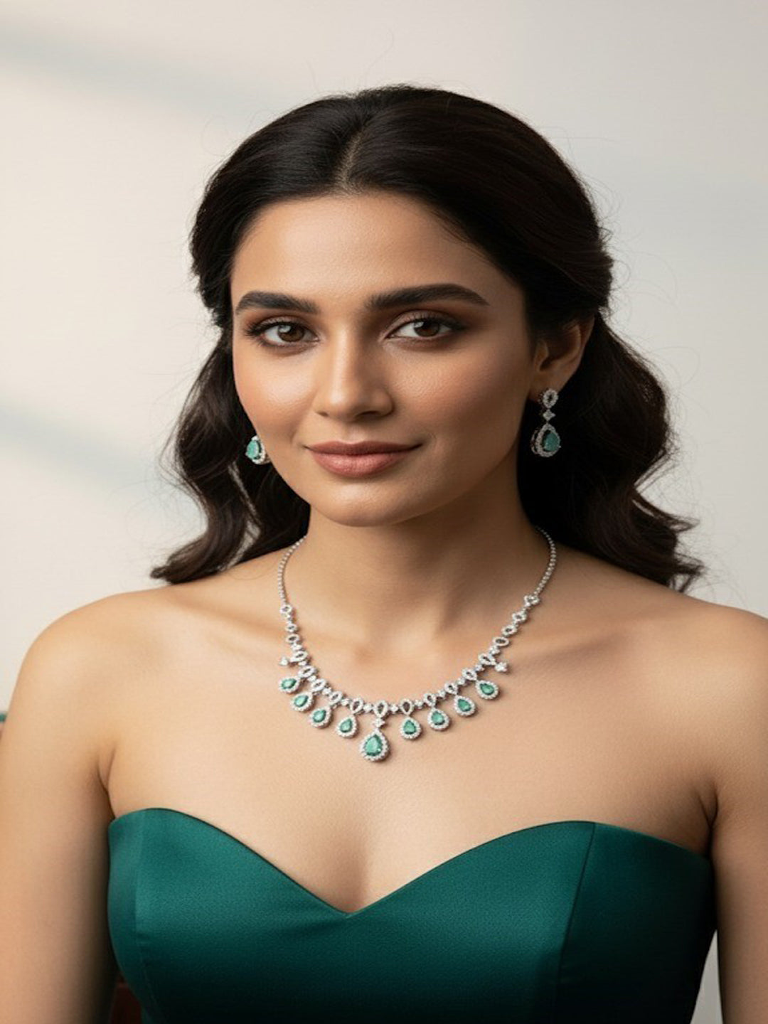 Silver-Plated American Diamond And Studded Necklace And Earrings