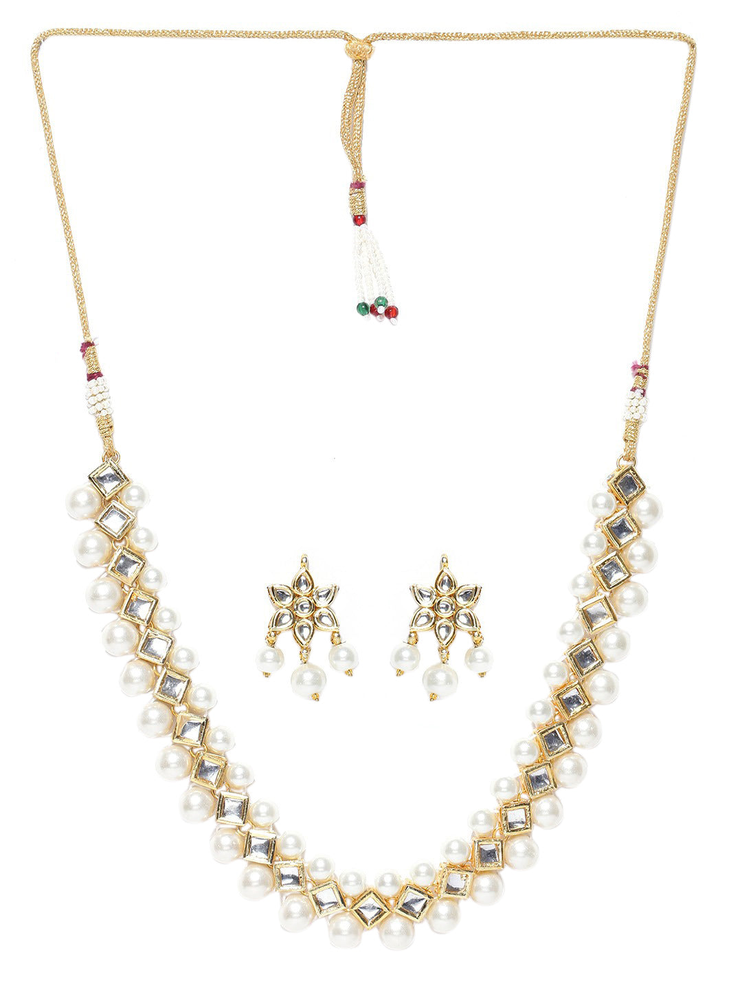 Gold-Plated & Off White Stone-Studded Pearl Beaded Handcrafted Jewellery Set