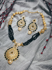 Gold-Plated & Black Kundan Studded Beaded Handcrafted Jewellery Set