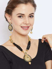 Gold-Plated & Black Kundan Studded Beaded Handcrafted Jewellery Set