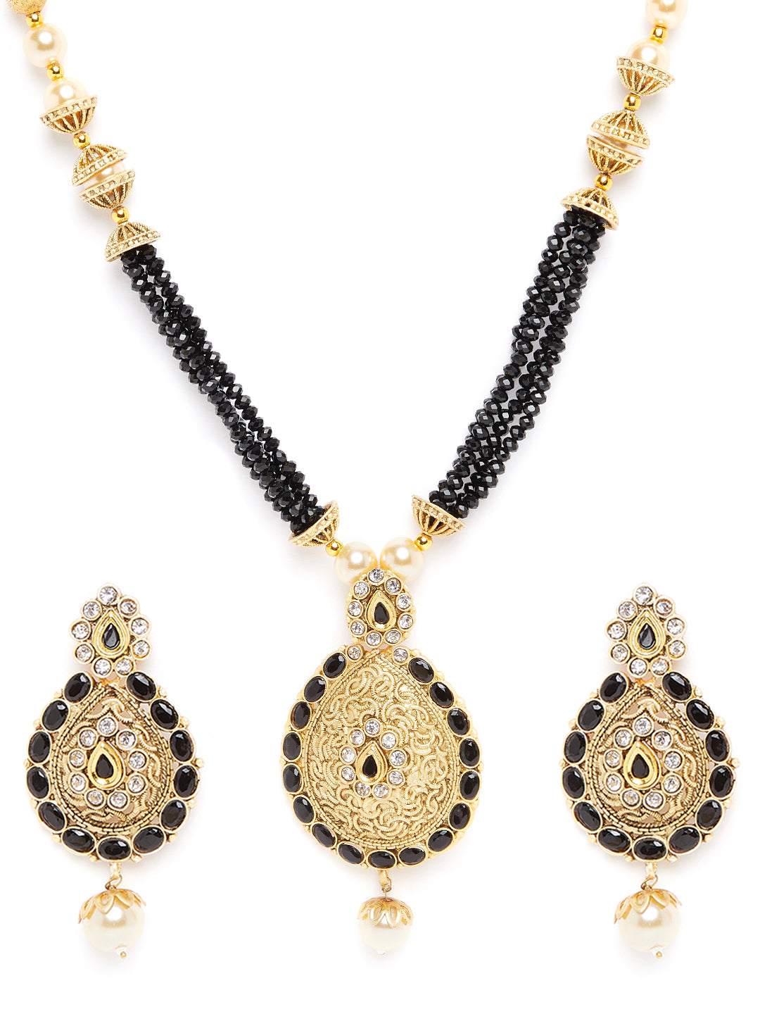 Gold-Plated & Black Kundan Studded Beaded Handcrafted Jewellery Set