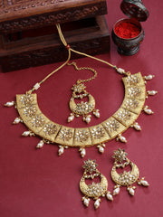 Gold-Plated & Red Stone Studded Handcrafted Jewellery Set