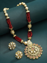 Gold-Plated Red Kundan Studded& Beaded Jewellery Set