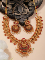 Gold-Plated Stones-Studded & Beaded Peacock Shaped Jewellery Set