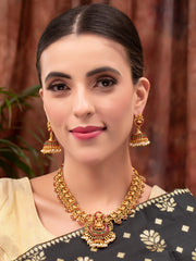 Gold-Plated Stones-Studded & Beaded Peacock Shaped Jewellery Set