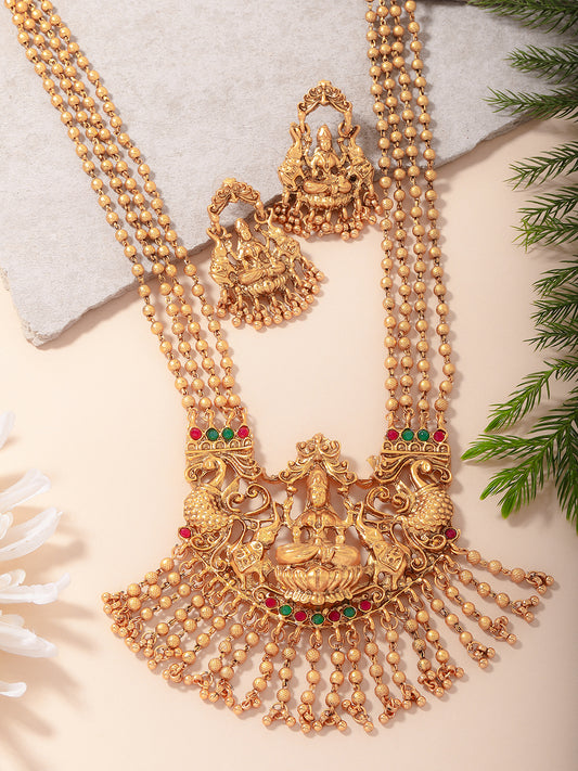 Gold-Plated Stones-Studded & Beaded Temple Jewellery Set