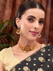 Gold-Plated Stones-Studded & Beaded Peacock Shaped Jewellery Set