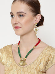 Gold-Plated & Green Kundan Studded Beaded Handcrafted Jewellery Set