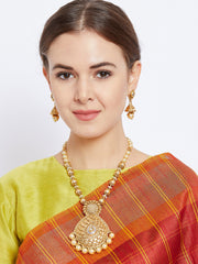 Gold-Plated & White Kundan Studded Beaded Handcrafted Jewellery Set