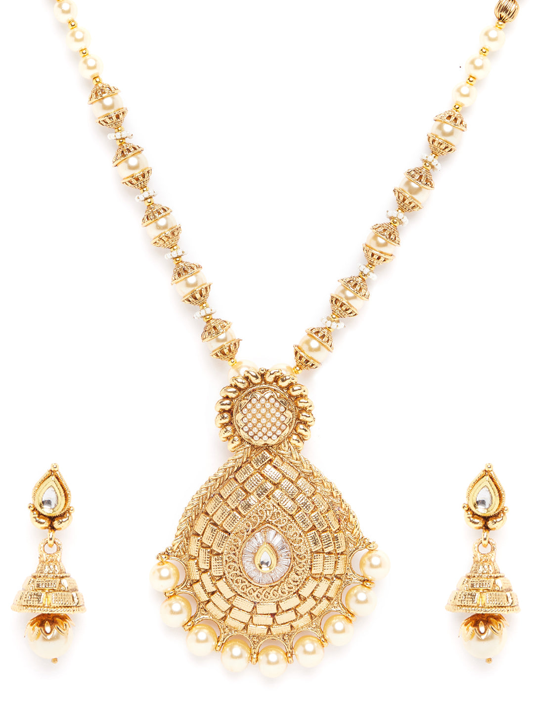 Gold-Plated & White Kundan Studded Beaded Handcrafted Jewellery Set