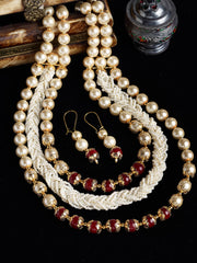 Gold-Toned & White Pearl Studded Beaded Handcrafted Jewellery Set