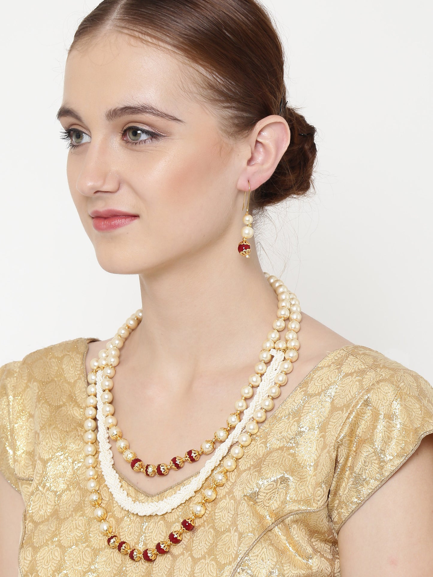 Gold-Toned & White Pearl Studded Beaded Handcrafted Jewellery Set