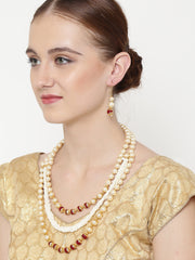 Gold-Toned & White Pearl Studded Beaded Handcrafted Jewellery Set