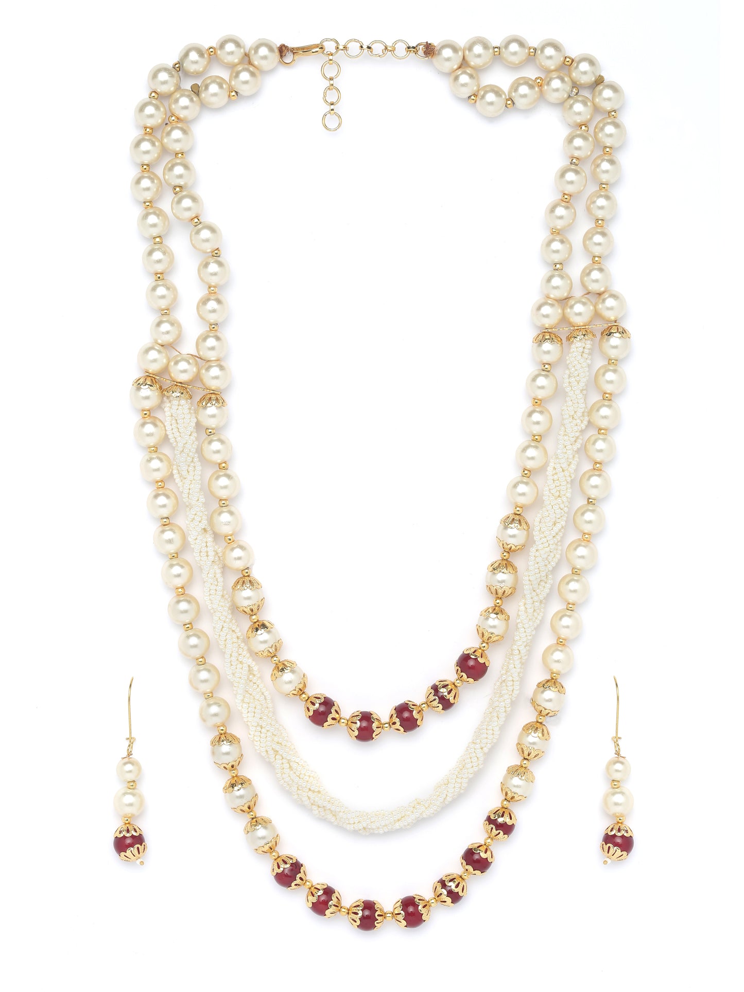 Gold-Toned & White Pearl Studded Beaded Handcrafted Jewellery Set