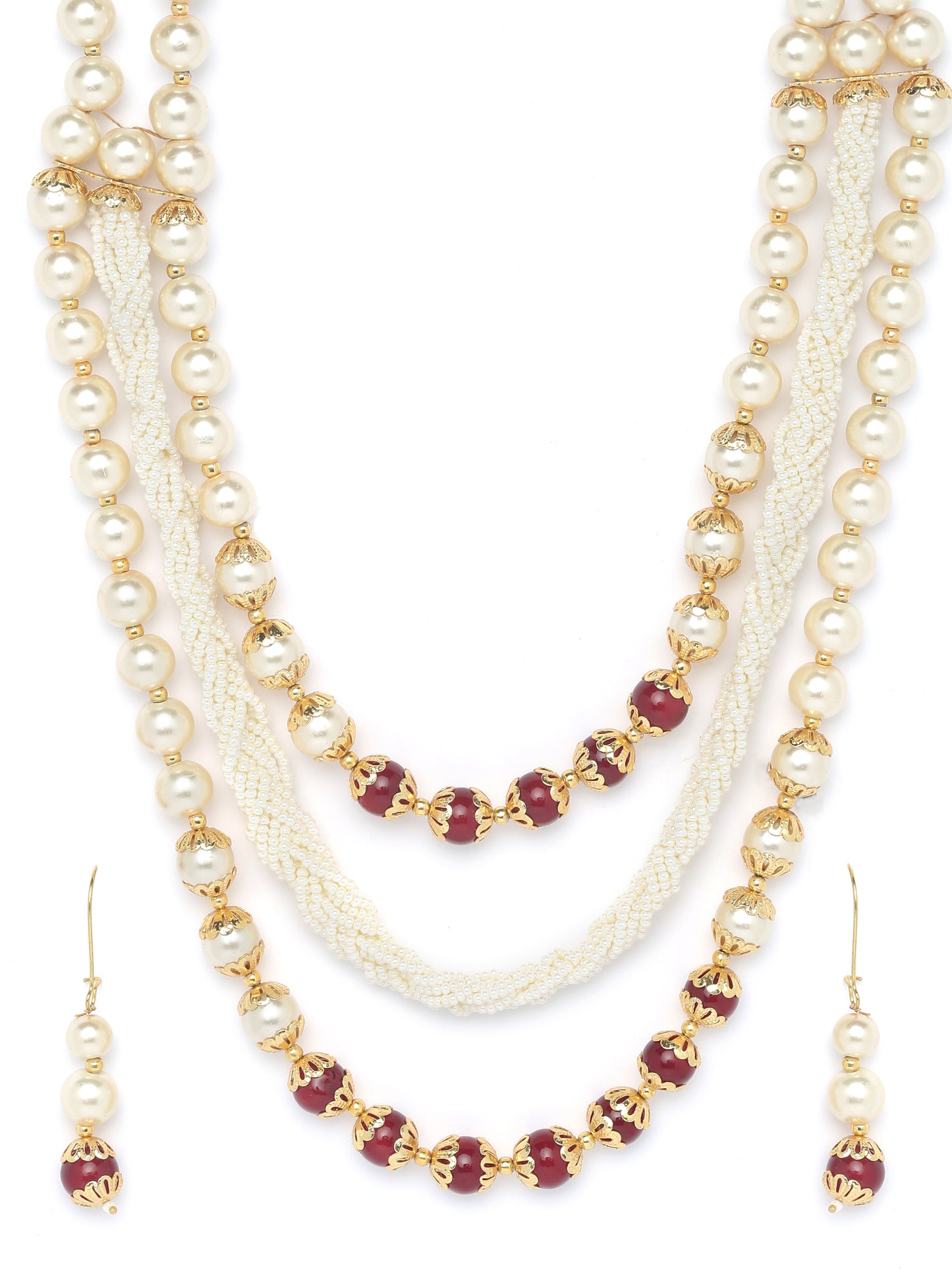 Gold-Toned & White Pearl Studded Beaded Handcrafted Jewellery Set