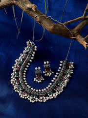 Silver-Plated Stone-Studded Pearls Beaded Jewellery Set