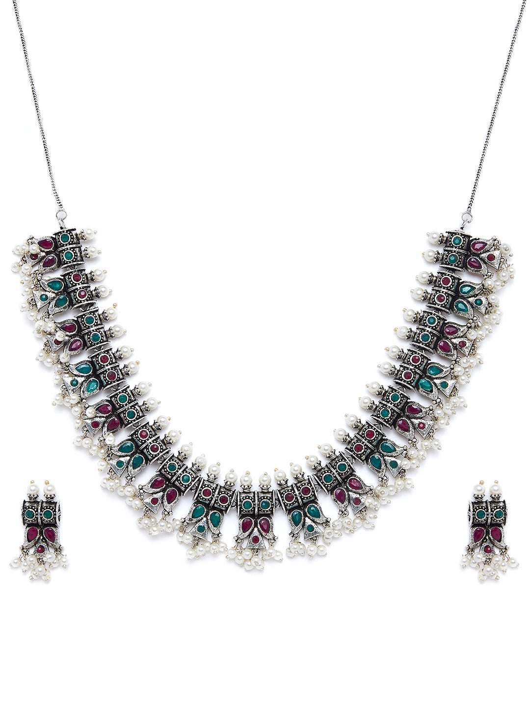 Silver-Plated Stone-Studded Pearls Beaded Jewellery Set