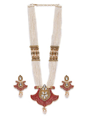 Gold-Plated White & Red Handcrafted Kundan-Studded & Beaded Jewellery Set