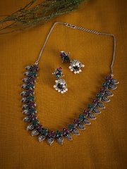 Women Oxidised Silver-Plated Stone-Studded Handcrafted Jewellery Set