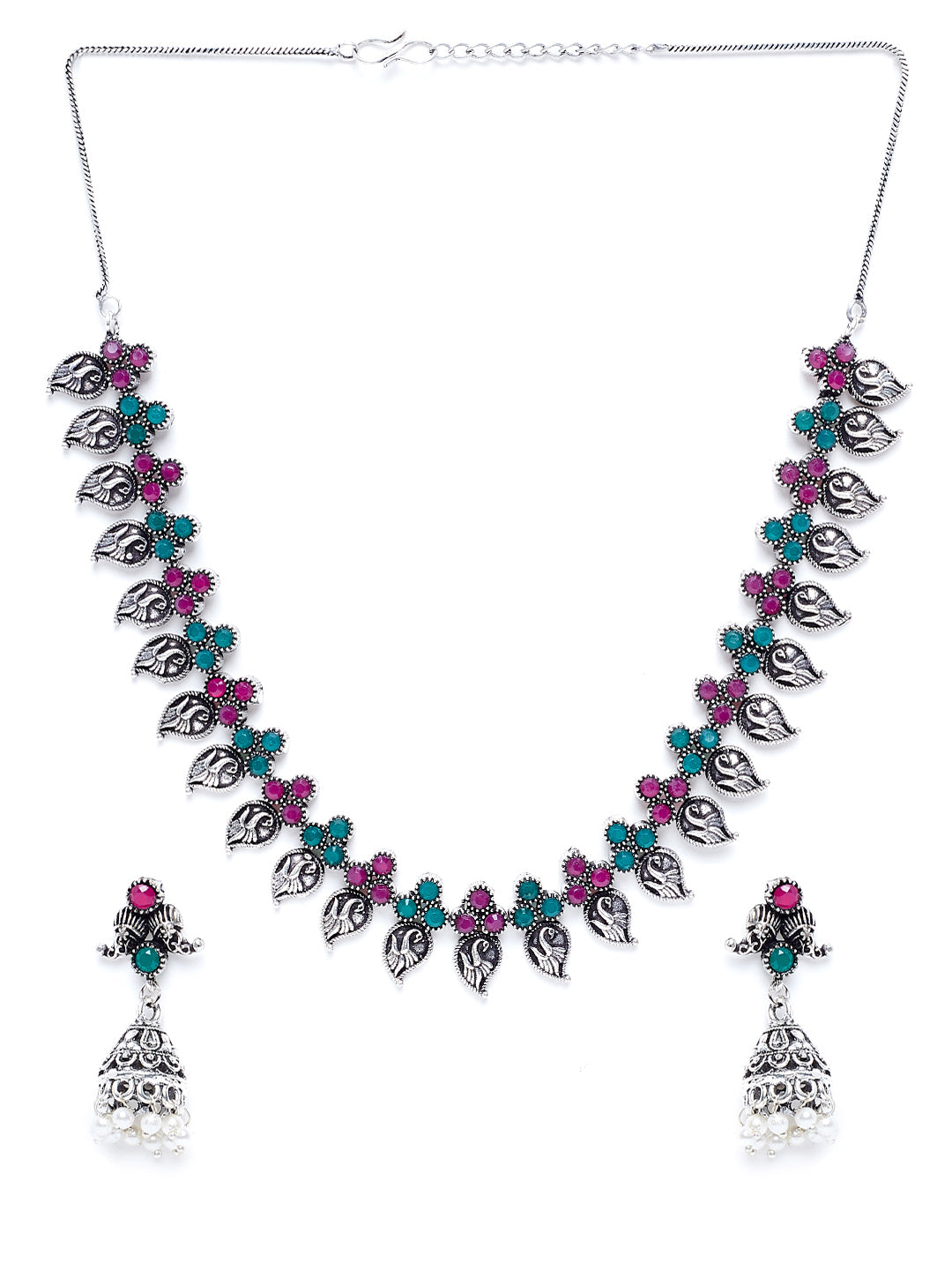 Women Oxidised Silver-Plated Stone-Studded Handcrafted Jewellery Set