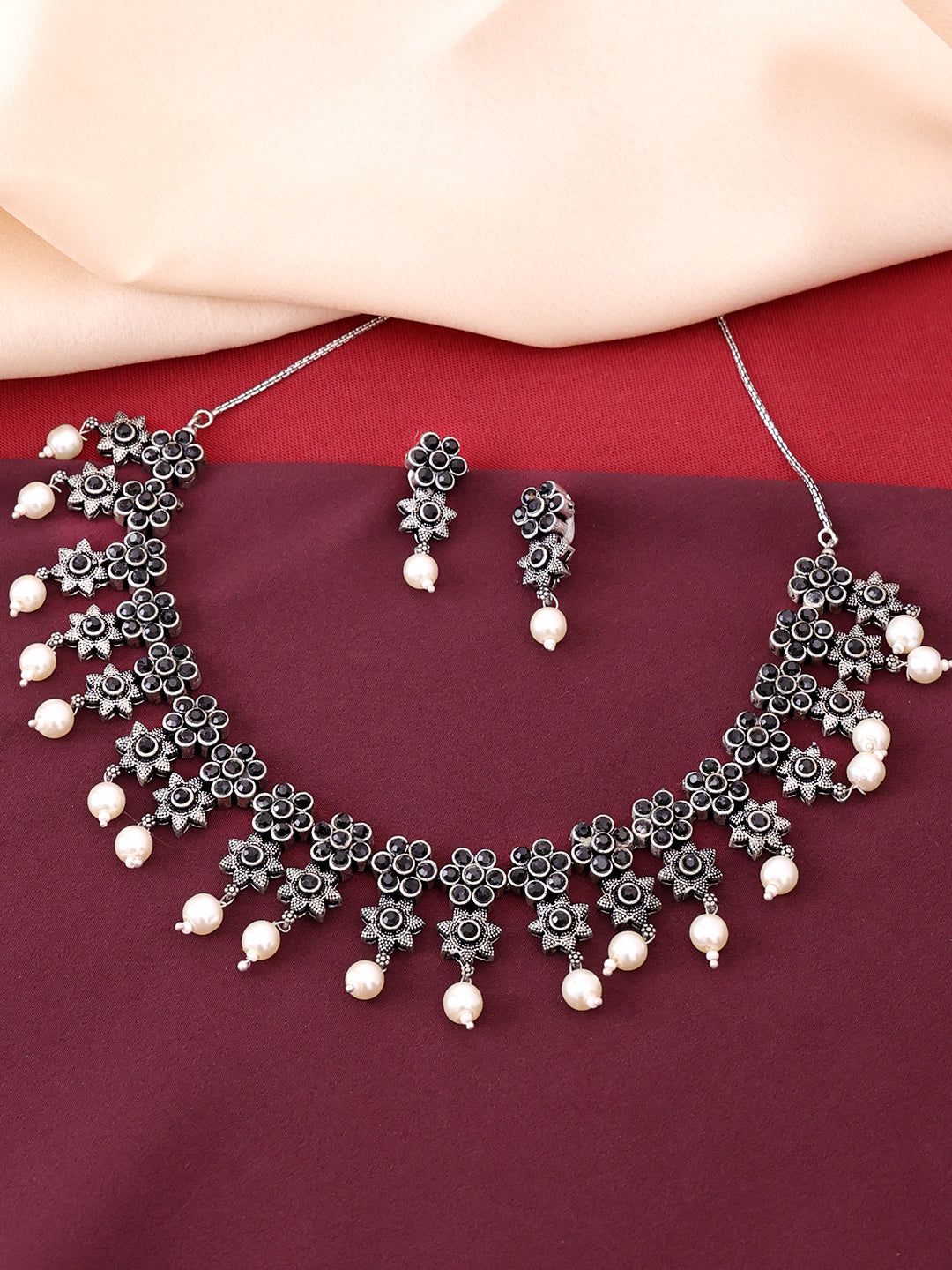 Women Oxidised Silver-Plated Stone-Studded Handcrafted Jewellery Set