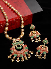 Gold-Plated Beige & Red Pearl Beaded Handcrafted Jewellery Set