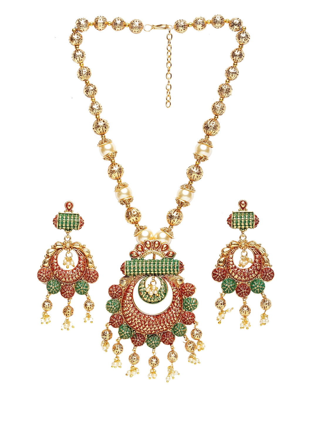Gold-Plated Beige & Red Pearl Beaded Handcrafted Jewellery Set